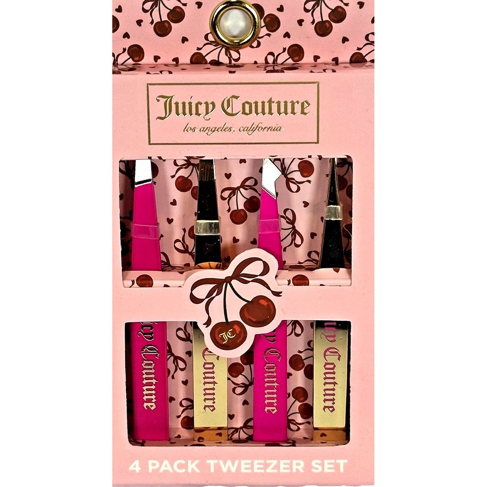Juicy Couture Tweezers Set 4 Pc Pink Slant Flat Point Angle Tip New Gift Set